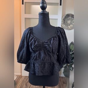 Black Eyelet Puff-Sleeve Peplum Top